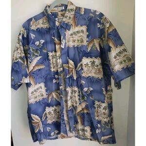 Vintage Pierre Cardin Blue Hawaiian Shirt Size Extra Large Island Floral Design